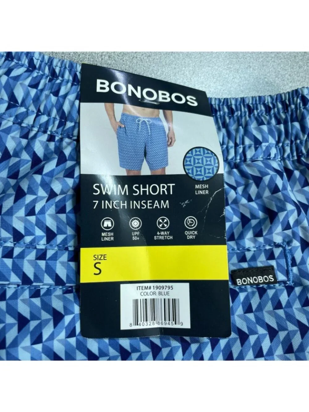 NWT Bonobos Men's S Blue Geometric Swim Shorts With Mesh Liner 7-Inch